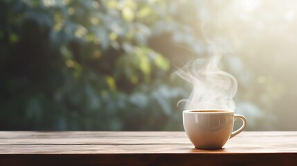Morning bliss  steaming cup of freshly brewed coffee on table with blurred background and copy space