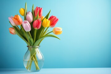 Bouquet of colorful tulips in vase on blue background
