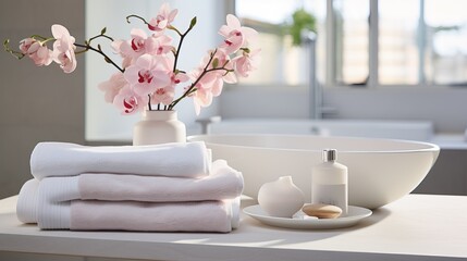 Obraz na płótnie Canvas A Captivating Haven of Serenity. Tranquil Spa Area Adorned with Luxurious Soft White Towels