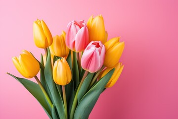 Bouquet of colorful tulips on pink background