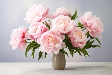 Pink peony flowers in vase on wooden table