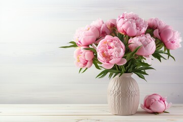 Pink peony flowers in vase on wooden table