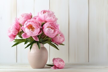 Pink peony flowers in vase on wooden table