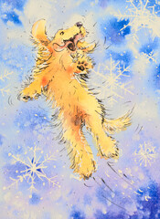 Happy dog jumping . Dog playing with snowflakes. Picture created with watercolors. - 702434705