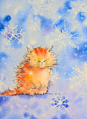 Angry, red cat with snowflakes background. Illustration created with watercolors. - 702434723