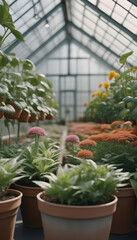 Potted plants and flowers growing in a greenhouse