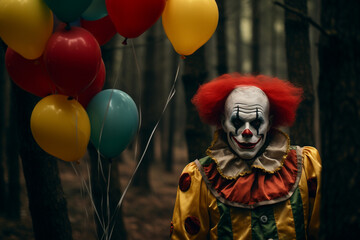 Clown with colourful balloons in the forest