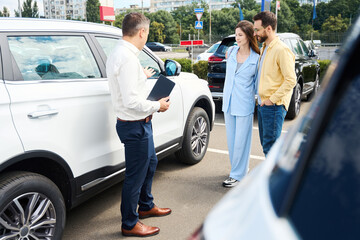 Married couple inspects a car in yard of car dealership