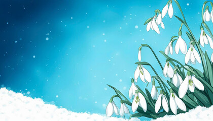 Close-up image of spring flowering white Snowdrop flowers also known as Galanthus Nivalis, making their way out from under the snow. Watercolor drawing on blue background. Copy space.