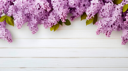 Spring flowers. Delicate flowering twigs of lilac placed at top of frame on white wooden background with space for text. Conceptual symbol spring. Banner beautiful May flowers. Copy space.