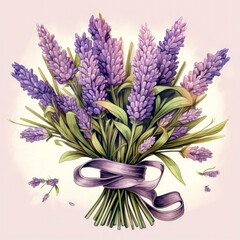 Fototapeta premium Bouquet of fresh violet lavendula flowers tied with wide purple ribbon. Watercolor drawing purple lavender on light background. Copy space.