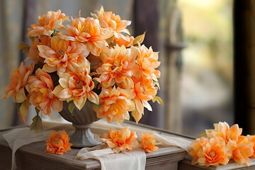 Big bouquet of orange flower on pedestal with copy space, room with fresh Dahlia - Powered by Adobe