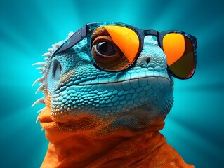 portrait of an iguana lizard, wearing sunglasses, azure and orange background, colorful lizard