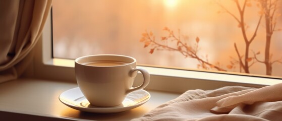 Coffee cup on the window sill with a view of the sunrise. Generative AI.