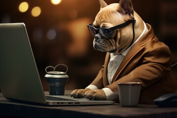 A dog wearing a suit and sunglasses is working on a laptop. Generative AI.