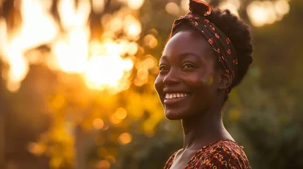 Foto op Canvas Young african woman smiling at sunset, happy young woman looking aside with headband outdoor in spring park background with copy space. © Jasper W