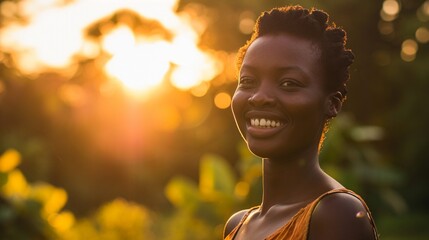 Young african woman smiling at sunset, happy young woman looking aside with headband outdoor in spring park background with copy space.