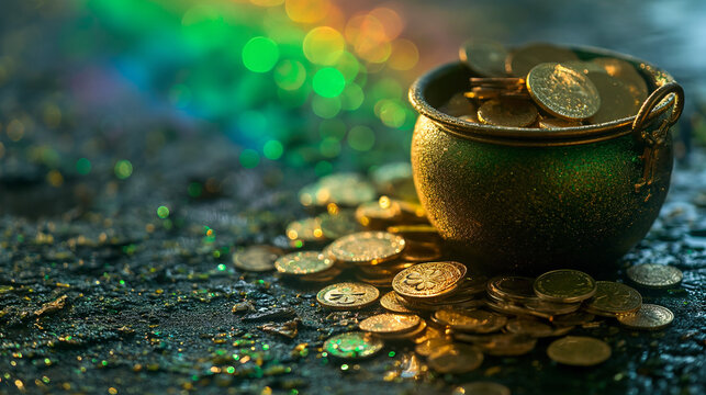 Saint Patrick's Day And Leprechaun's Pot Of Gold Coins Concept With A Rainbow Indicating Where The Leprechaun Hid Treasure On Green With Copy Space. St Patrick Is The Patron Saint Of Ireland Backdrop.