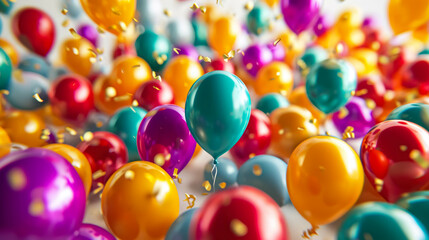Large Composition of Colorful Balloons Background. Celebration, Anniversary and Birthday Background - obrazy, fototapety, plakaty