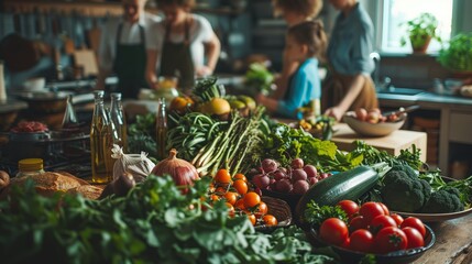 Family gathers around a table laden with fresh, local produce, reusable containers stacked neatly, showcasing a commitment to sustainable living and mindful consumption.