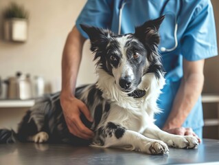 Dog being checked by veterinarian at veterinary clinic.