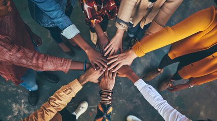 A diverse group of people holding hands, forming a colorful circle that represents unity and acceptance - obrazy, fototapety, plakaty