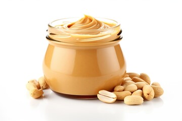Glass jar with peanut butter on white background