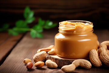 Fototapeta na wymiar Glass jar with peanut butter on wooden background