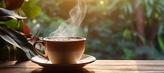Steaming cup of freshly brewed coffee on table with blurred background   bright morning shot
