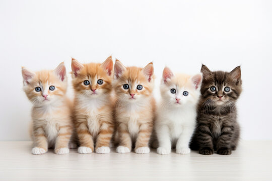 Five cute kittens about one month old on a white background