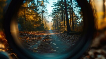 A view through a lens of a forest path. Generative AI.