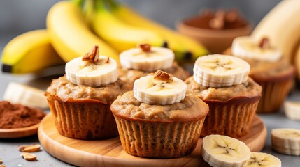 Obraz na płótnie Canvas delicious homemade banana muffins easy recipe concept on blurred kitchen background