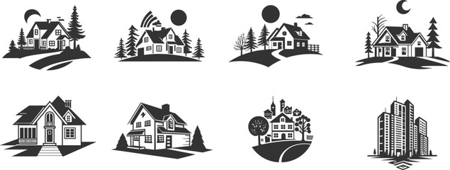 set of home and building icon black filled, home logo style, real estate logo, towers icone pack, vector home, trees, modern, house property  - obrazy, fototapety, plakaty