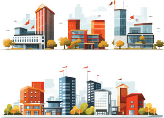 Fototapeta premium office and home in city, pack of office with trees, factory illustration, 