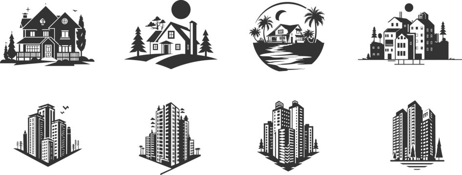 set of home and building icon black filled, home logo style, real estate logo, towers icone pack, vector home, trees, modern, house property 