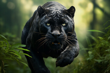 Graceful Leap Black Panther running in the Jungle