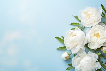 Fototapeta na wymiar Flat lay of white peony flowers with copyspace on blue background