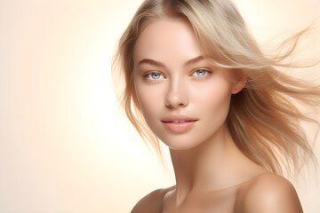 Fototapeta premium portrait of a young woman with long shiny wavy hair, concept of skin care, cosmetology