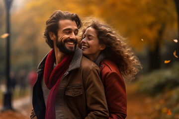Fototapeta premium Happy couple man holding a woman behind his back and having fun together in the autumn park