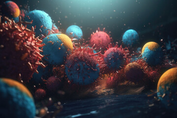 Close-up of red and yellow viruses on a dark background. - obrazy, fototapety, plakaty