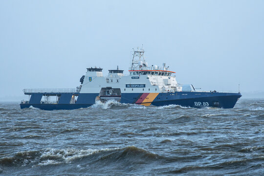 Cuxhaven, Germany - December 21, 2023: German Federal Police boat BP 83 Bad Düben in rough seas