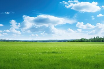 Fototapeta premium Sunny day on meadow field with green grass and blue sky