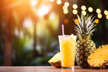 Sliced pineapples and glass of juice on blurred background