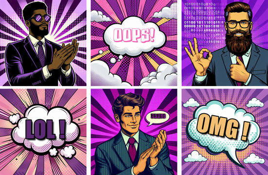 comics style pop art tons violet hommes dans différentes situations et avec différentes émotions : Ok super, 6 bulles de BD, bravo, onomatopées "OUPS" "LOL" "OMG!", bande dessinée