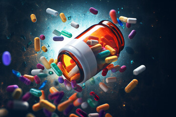 Medicine bottle spilling colourful pills depicting addiction risks - obrazy, fototapety, plakaty