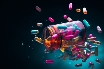 Medicine bottle spilling colourful pills depicting addiction risks