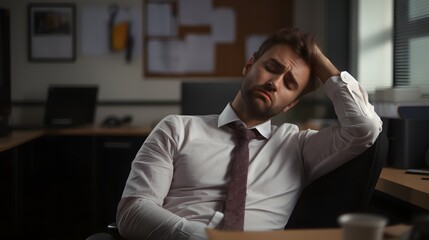 Stressed young business man sits in the office with his hand on his head