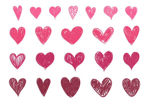 Set isolated abstract different textured hearts on white background. Grunge crayon doodle stroke line. Design vector elements for Valentine's day.