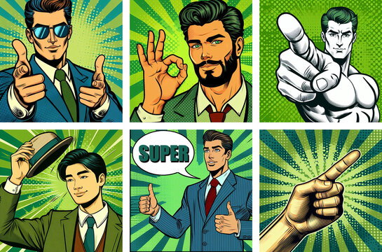 comics style pop art tons vert hommes dans différentes situations et avec différentes émotions : pointer du doigt, Ok, saluer avec un chapeau, pouce en l'air bulles BD, onomatopées "SUPER"
