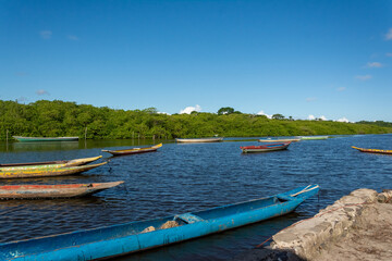 Fototapeta na wymiar Canoes docked on the Jaguaripe River